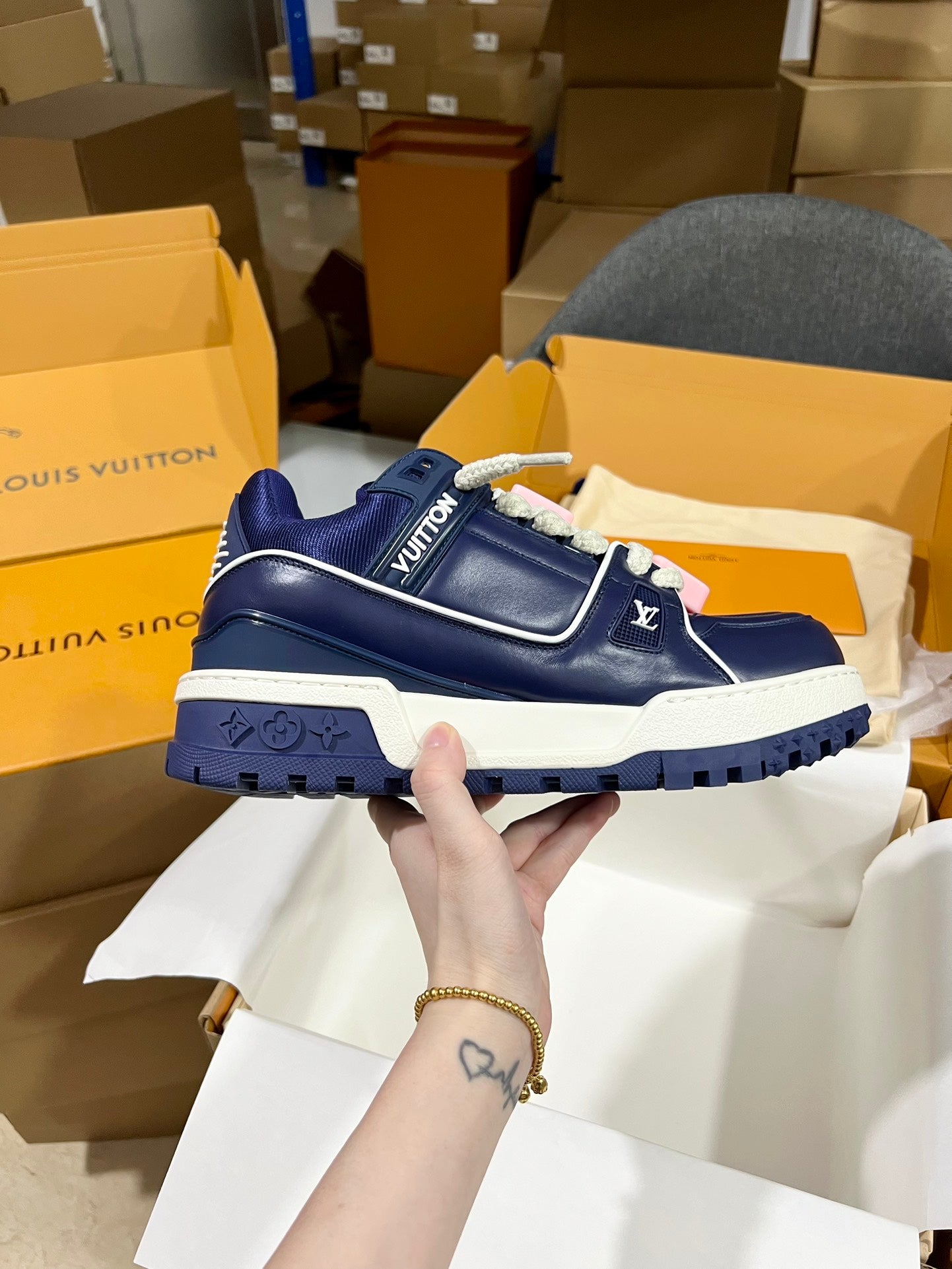 Louis Vuitton navy leather lace-up trainer shoe with logo patches and white sole