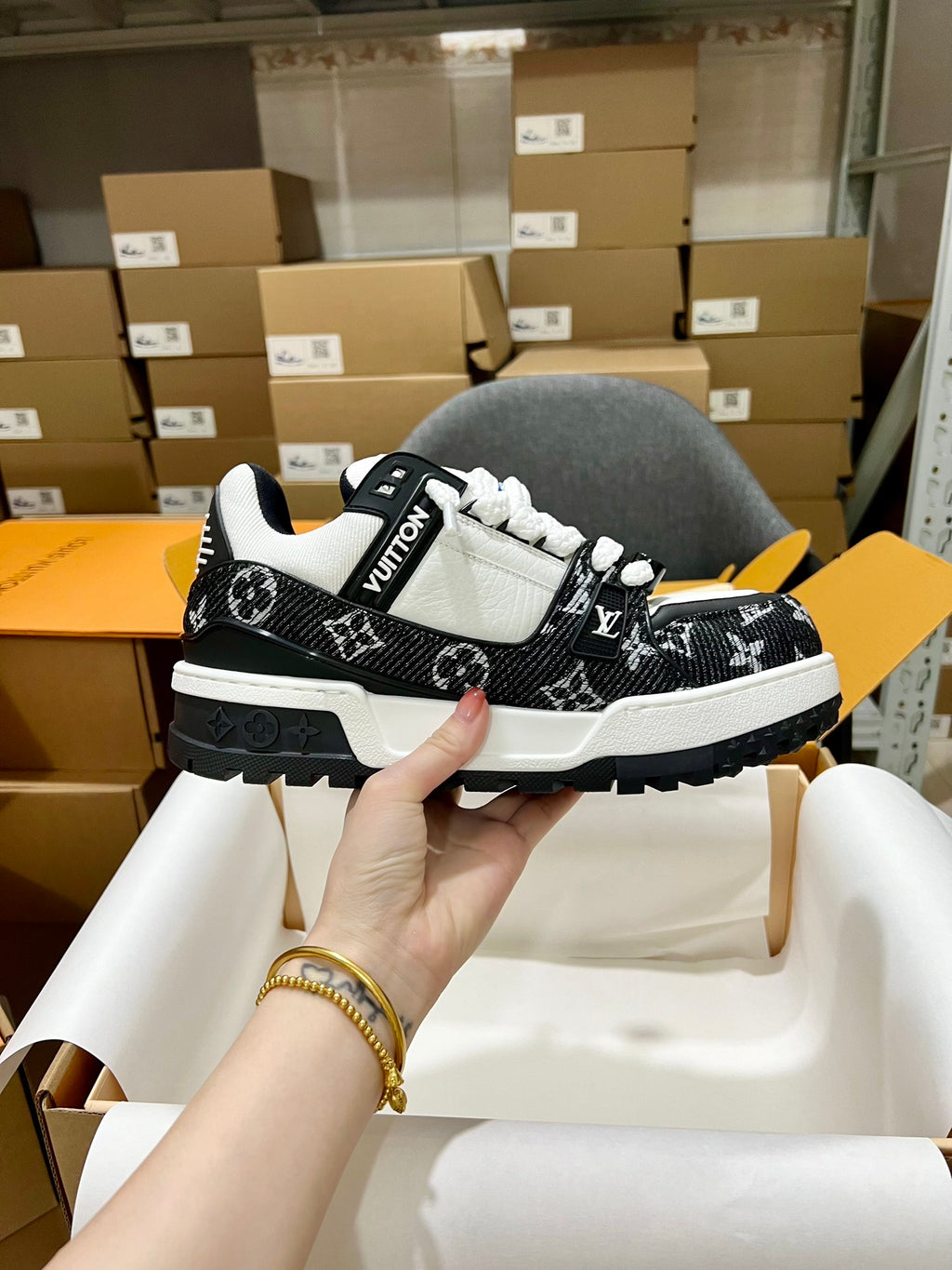 Black and white monogram trainer sneakers with chunky sole and hook-and-loop straps