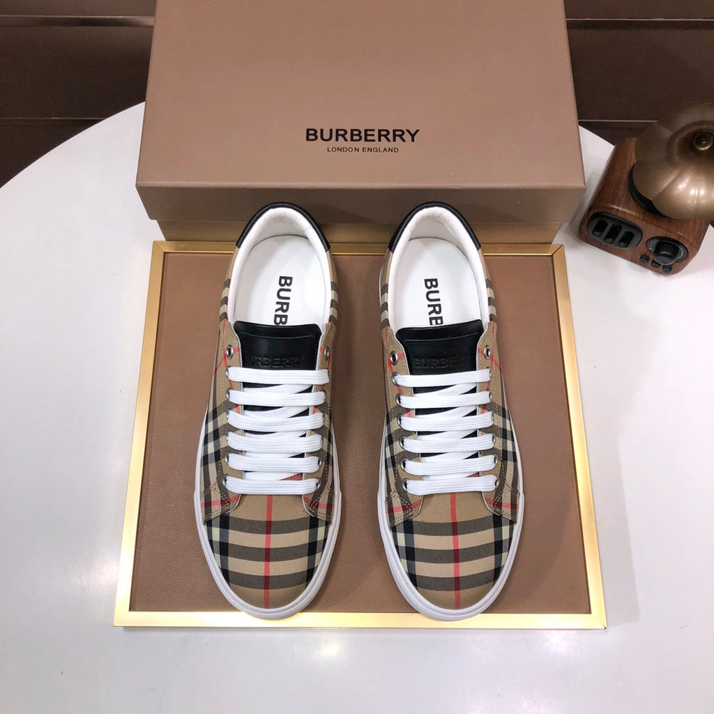 Burberry low-top sneakers, beige check with white laces and black heel trim