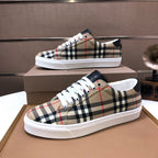 Burberry low-top sneakers, beige plaid design with white laces and black heel tab