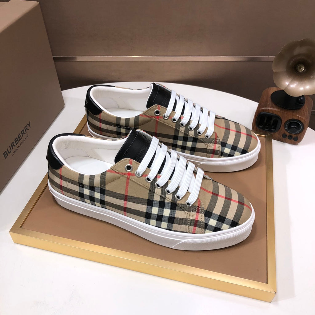 Burberry low-top sneakers, beige plaid uppers with white laces and black collar trim