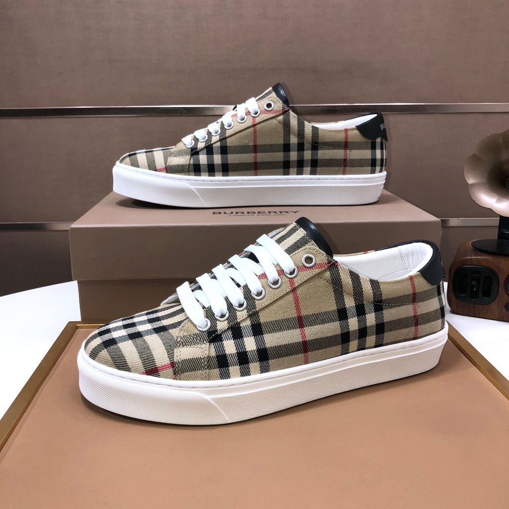 Burberry check plaid sneakers with white laces, canvas upper, white sole