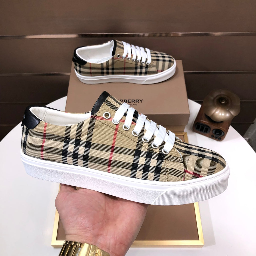 Burberry plaid canvas sneakers with white laces and thick white rubber sole