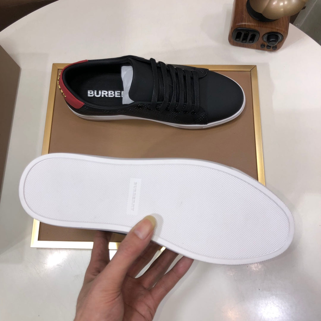 Burberry sneaker outsole and upper, dark leather with red heel accent
