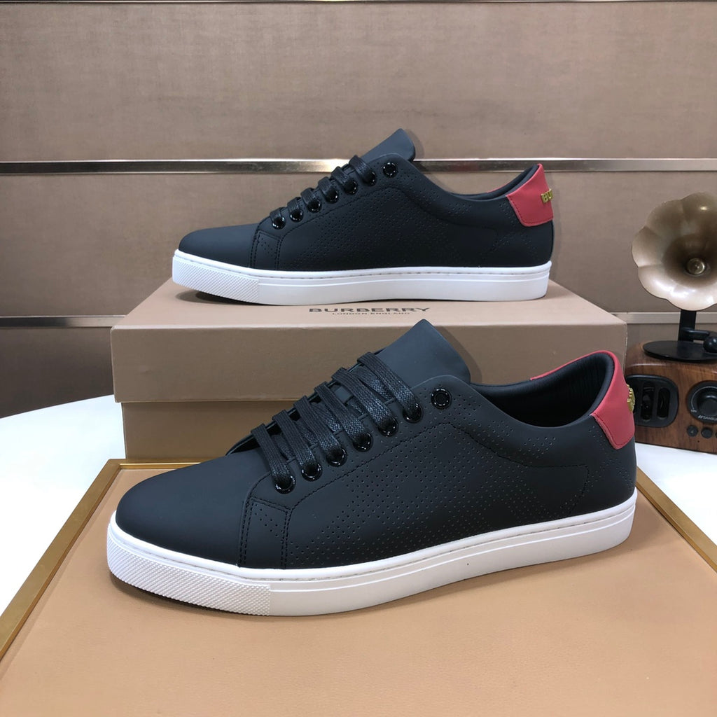 Burberry dark leather sneakers, lace-up with red heel lining accent and white sole