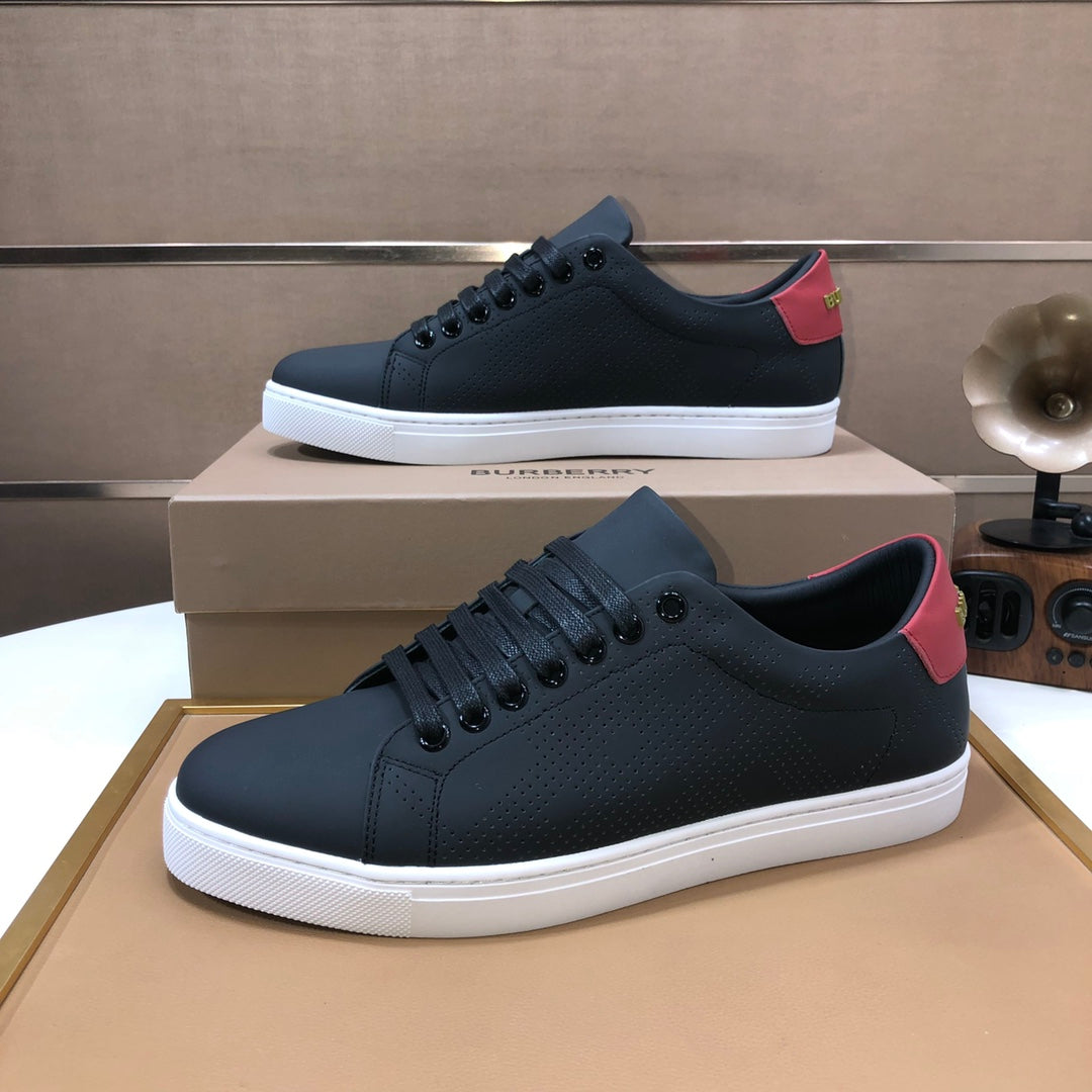Burberry dark leather sneakers, lace-up with red heel lining accent and white sole