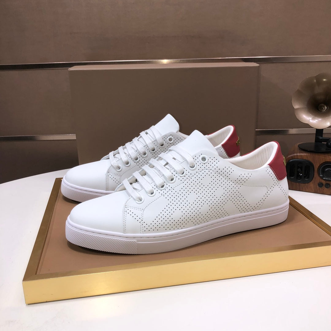 Burberry white perforated sneakers, red collar accents, lace-up design