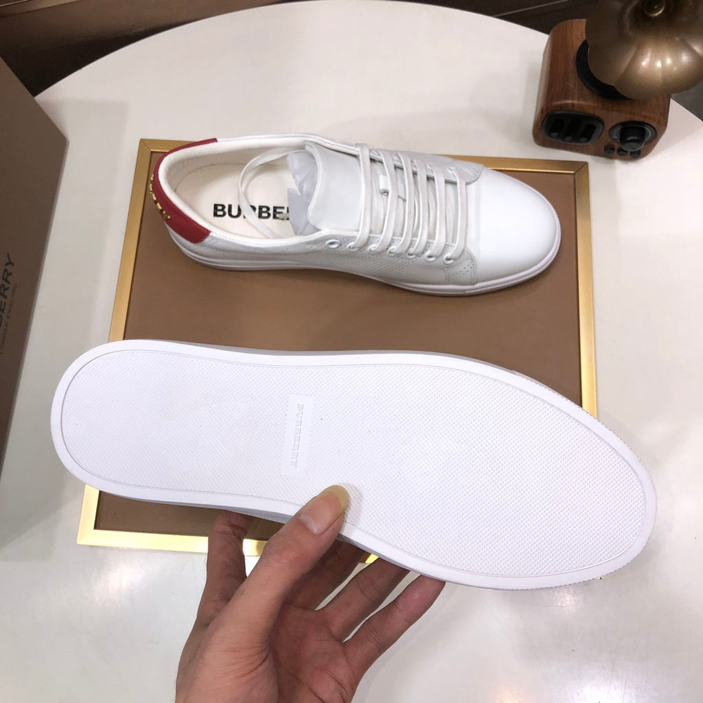 Burberry white sneaker sole and upper with red heel lining, lace-up