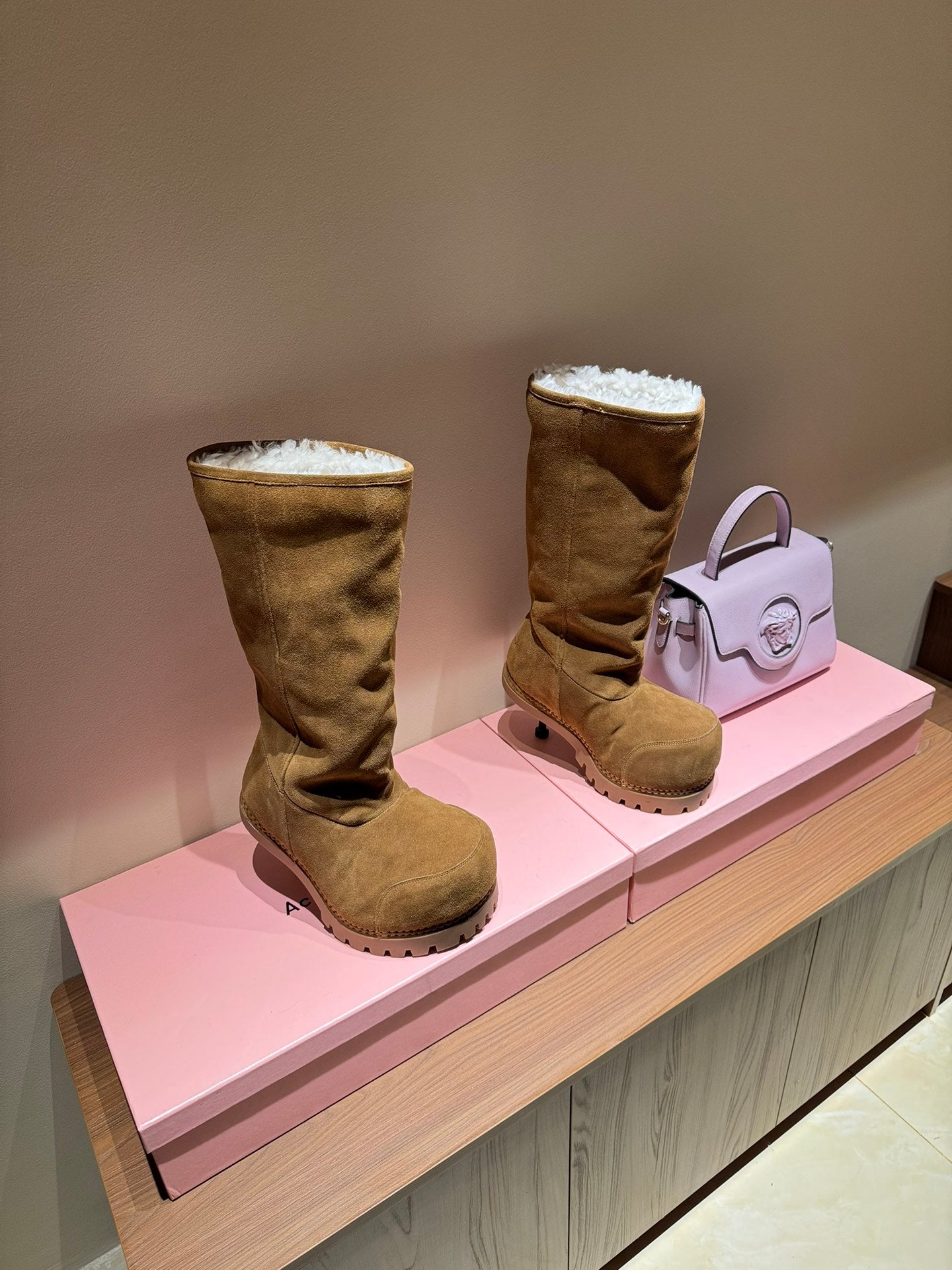 Suede shearling-lined knee-high boots, tan, with thick ridged sole
