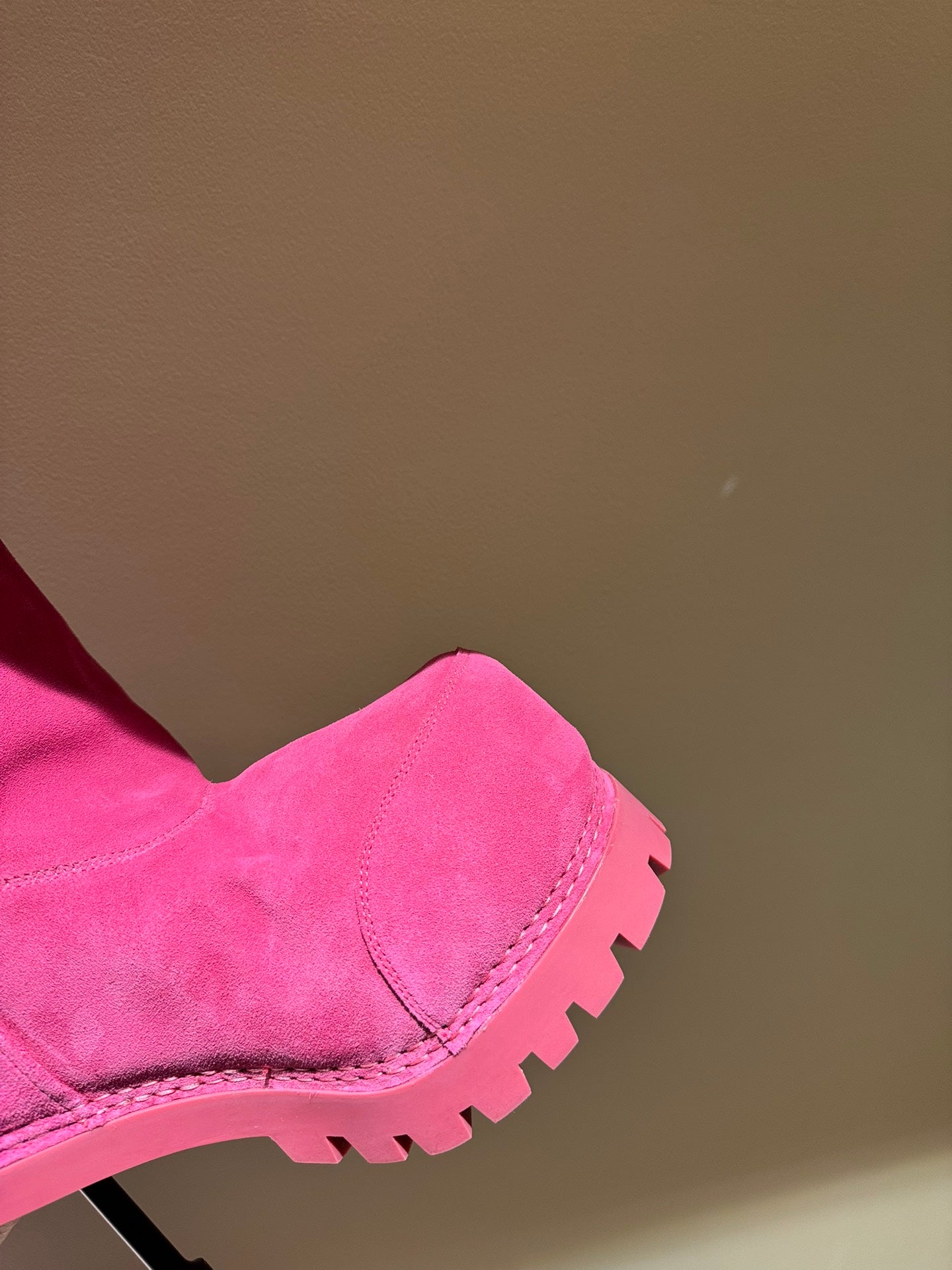 Women's Balenciaga magenta suede boot toe with stitched seam details and chunky outsole