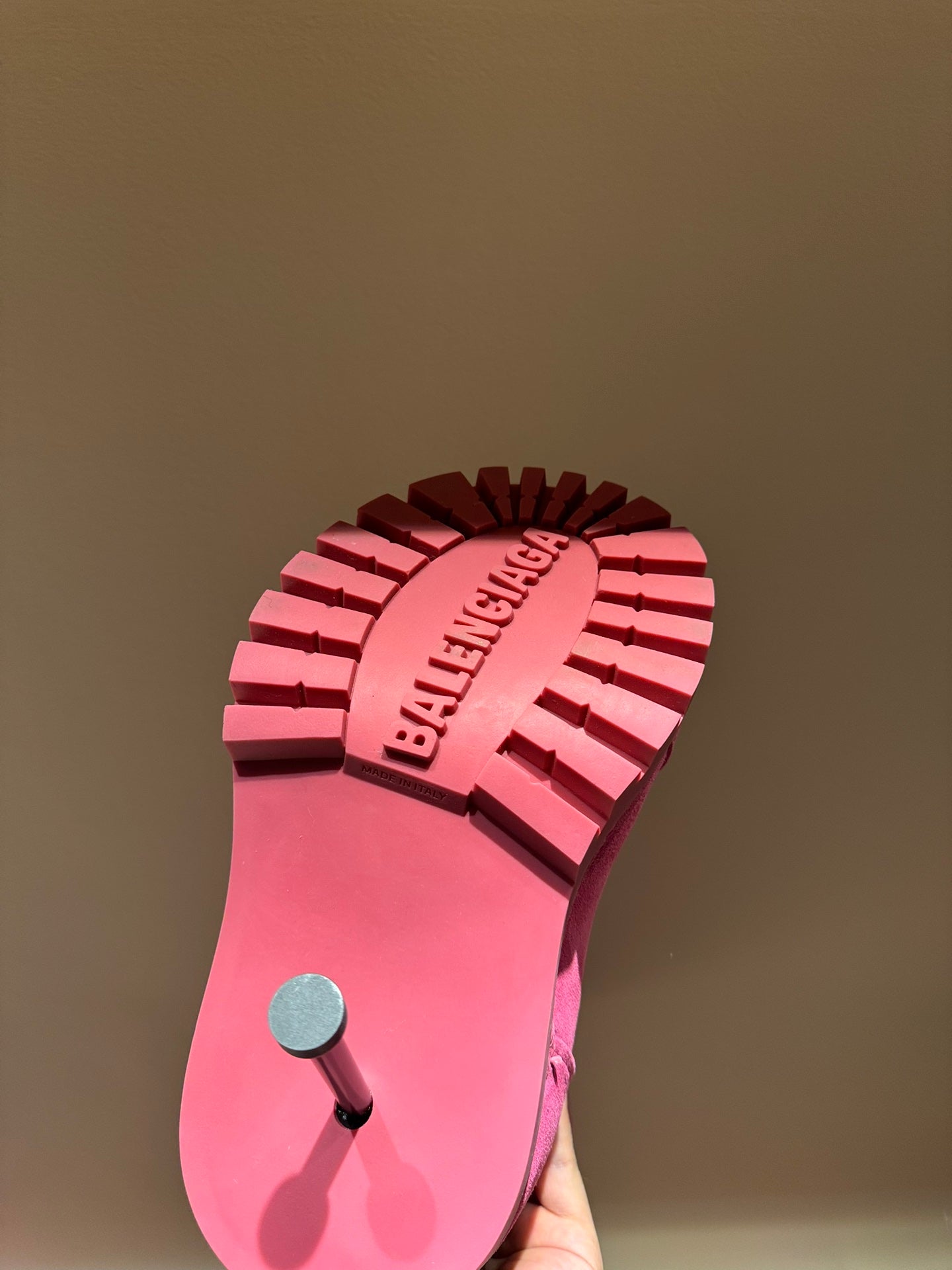 Women's Balenciaga magenta boot outsole with 'Balenciaga' logo tread