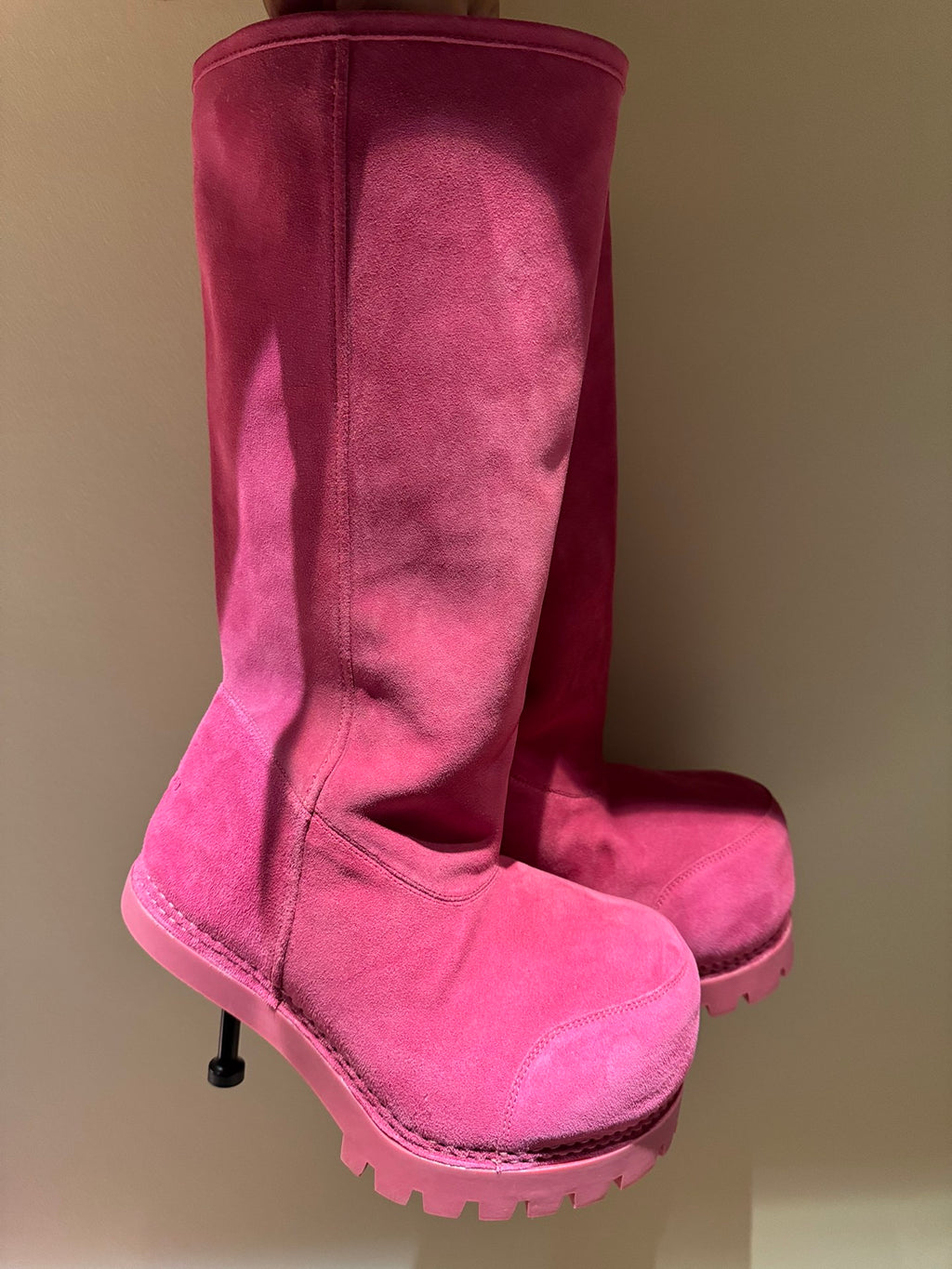 Women's Balenciaga magenta suede tall boots with vertical seams and chunky lug outsole