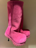 Women's Balenciaga magenta suede tall boots with vertical seams and chunky lug outsole
