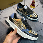 Burberry lace-up sneakers with plaid center panel, gold horse graphic, blue collar, white sole