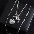 Heart and cross charm chain necklace, silver tone with round heart locket