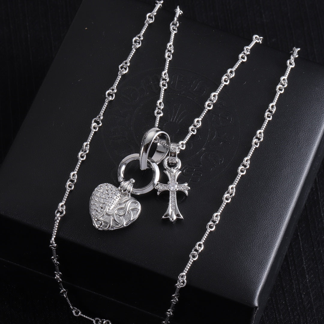 Heart and cross charm chain necklace, silver tone with round heart locket