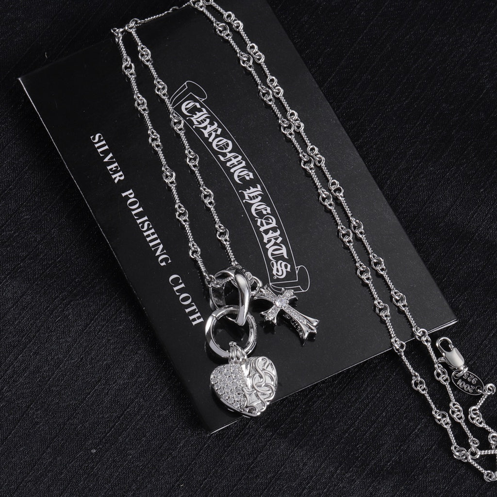 Heart locket and cross pendant necklace with chain, silver tone
