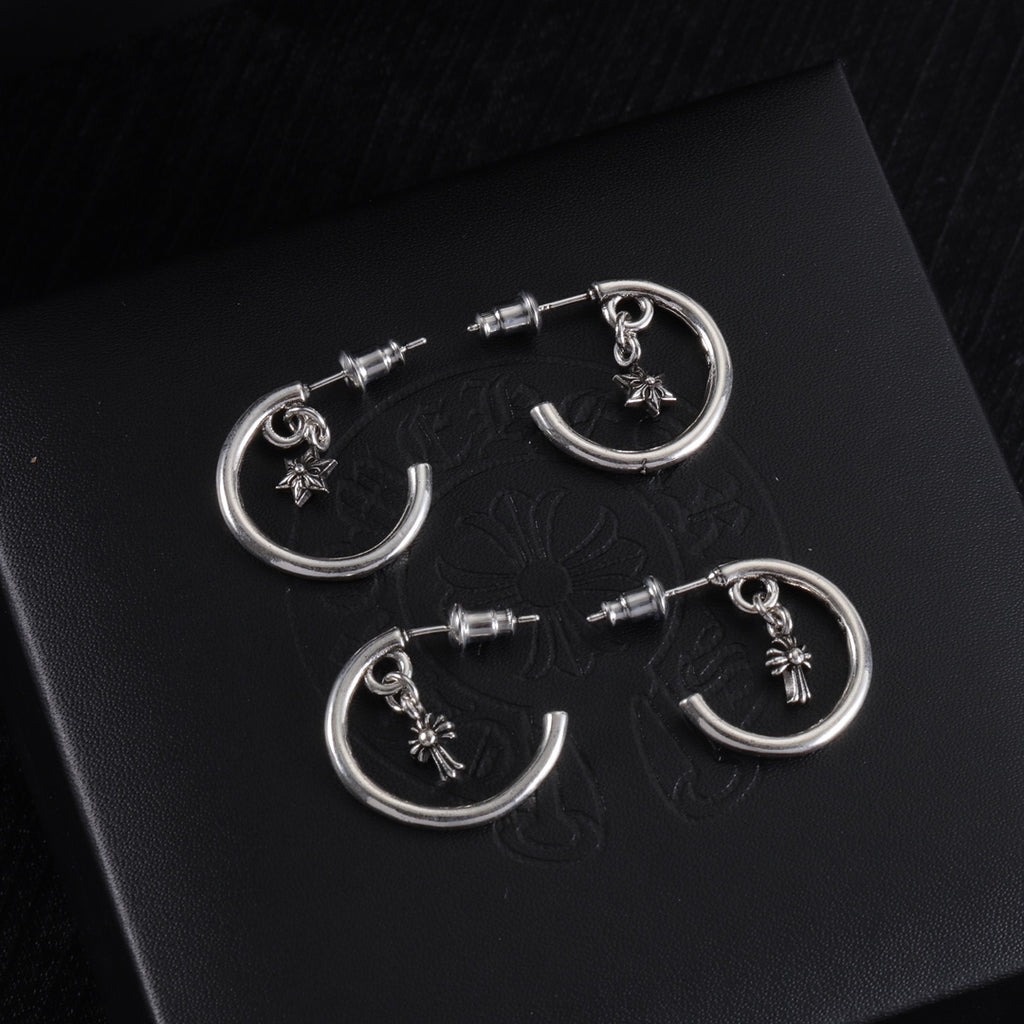 Silver hoop earrings with star charm and stud backing, circular silhouette