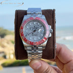 Rolex GMT-Master watch, stainless steel bracelet, light dial, pink-red bezel markers