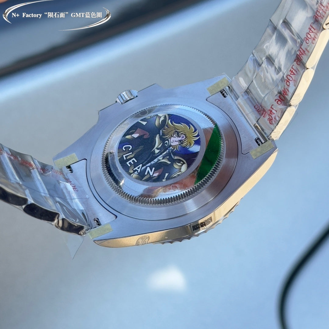 Rolex watch caseback with circular emblem, stainless steel case, angled view