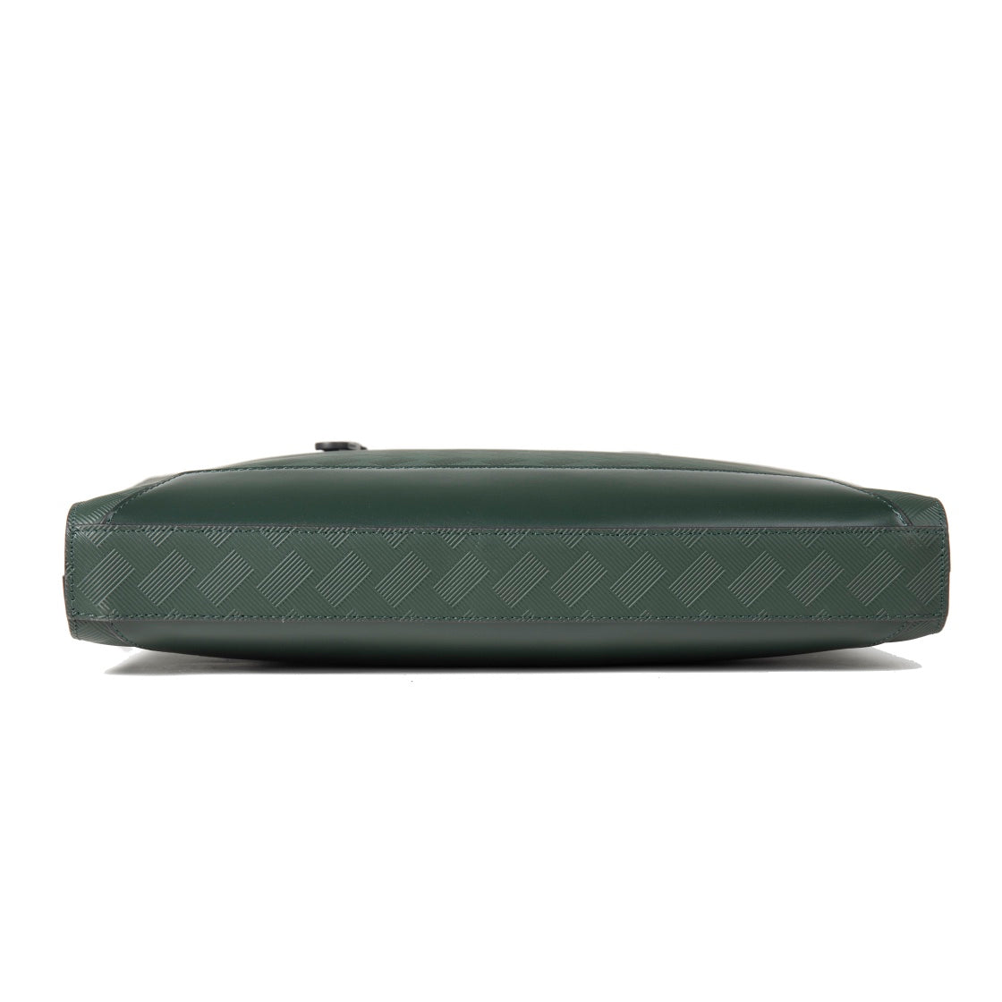 Montblanc men's green patterned bag side detail with zipper track and leather strap tab