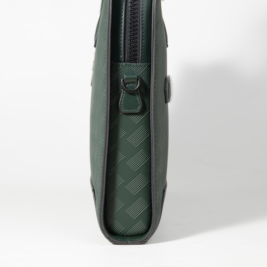 Montblanc men's green patterned tote bag with side zipper pocket and metal logo charm