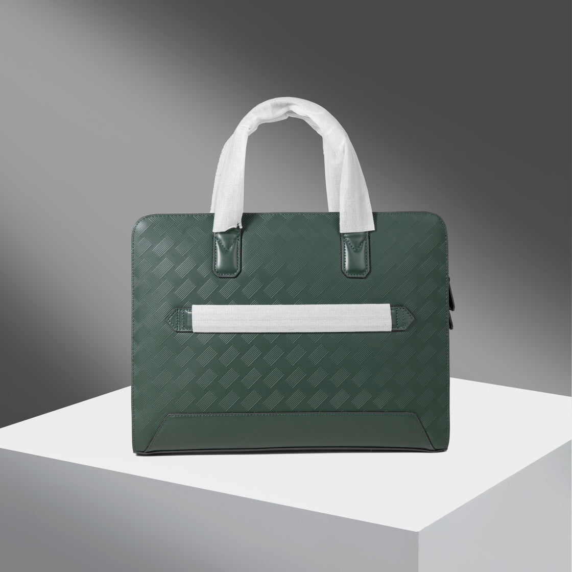Montblanc men's green patterned briefcase bag with top handles and front bar pocket