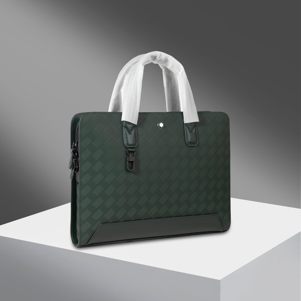 Montblanc men's green patterned briefcase bag with white handles and side zipper pocket