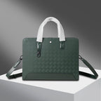 Montblanc men's green patterned briefcase bag with white handles and shoulder straps