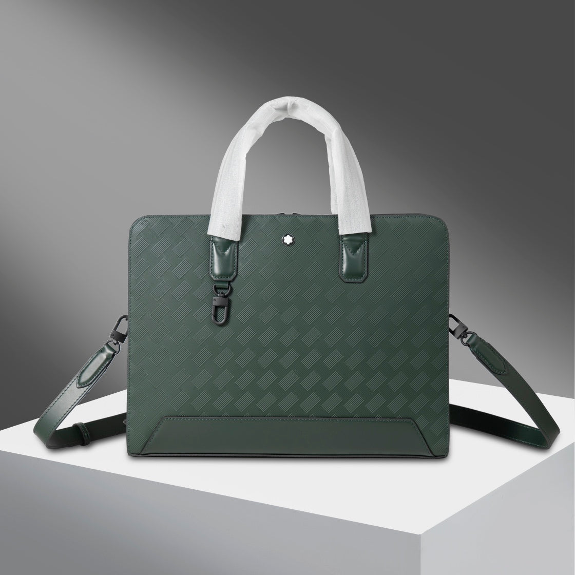 Montblanc men's green patterned briefcase bag with white handles and shoulder straps