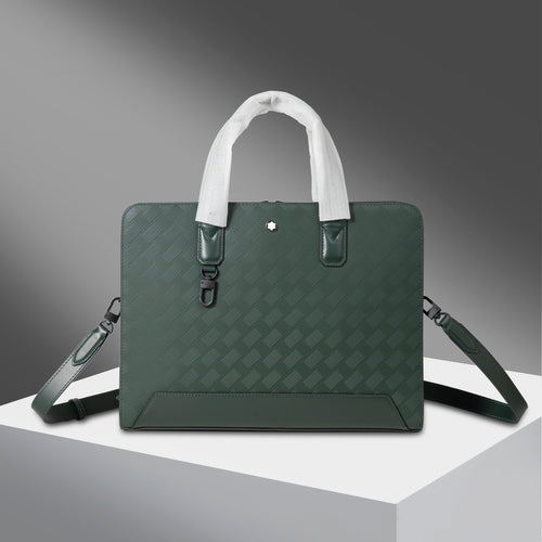 Montblanc men's green patterned briefcase bag with white handles and shoulder straps