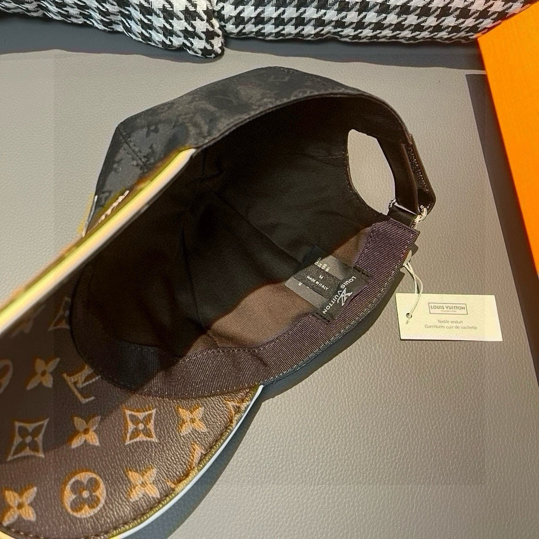 Louis Vuitton cap interior view with black lining and adjustable strap, monogram brim