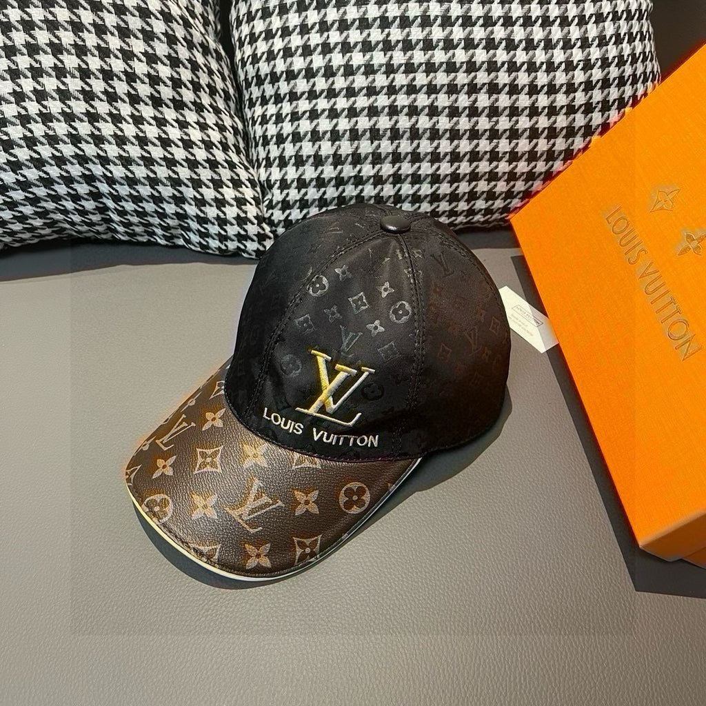 Louis Vuitton baseball cap with black monogram print and yellow LV logo, brown under brim