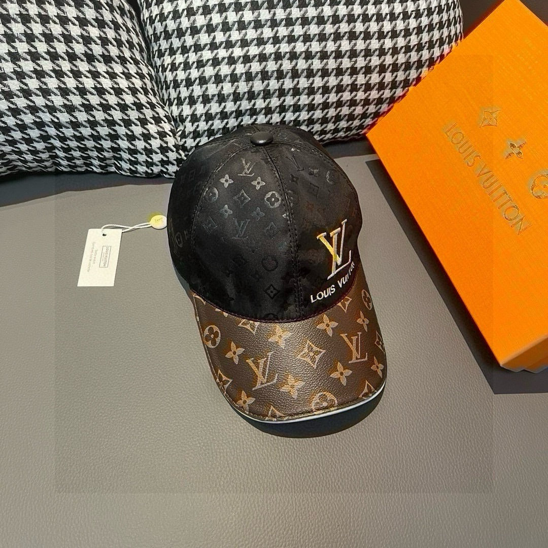 Louis Vuitton baseball cap with black monogram crown, brown logo-print brim, side angle