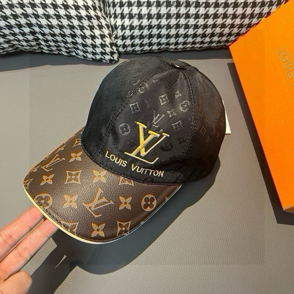 Louis Vuitton baseball cap in black monogram with yellow LV logo, stitched brim