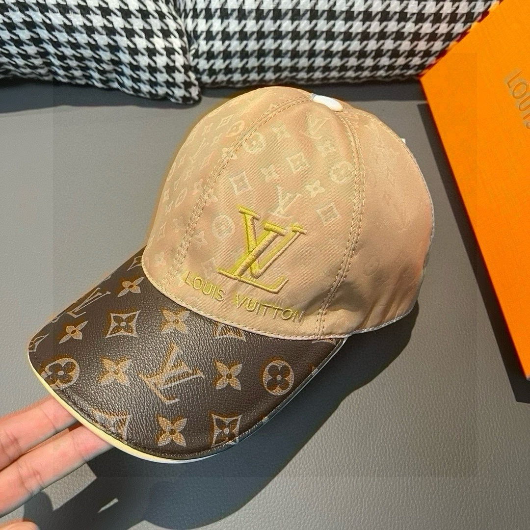 Louis Vuitton monogram baseball cap, tan crown with gold LV emblem, patterned brim