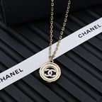 Gold-tone Chanel CC round pendant necklace with double chain