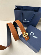 Dior belt, tan leather strap with gold-tone logo buckle and embossed details