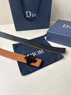 Dior belt with tan leather strap and black logo buckle