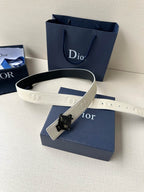 Ivory leather belt with textured logo strap and dark Dior buckle