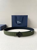 Dior leather belt in olive green with dark logo buckle and lined belt strap