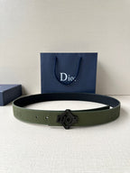Dior leather belt in olive green with dark logo buckle and lined belt strap