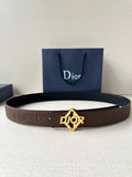 Dior belt, dark brown leather, gold-tone Dior logo buckle with punched holes.
