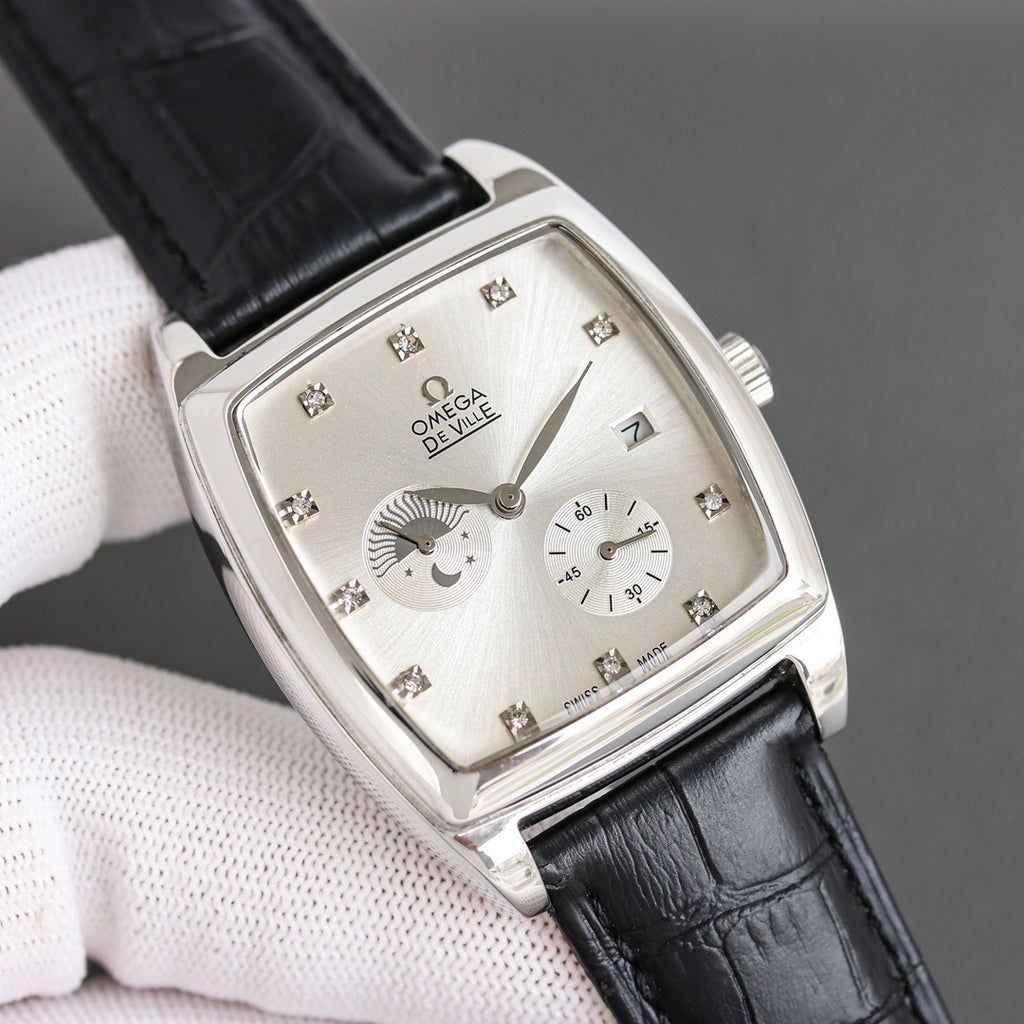 Square-rectangular wristwatch with black leather strap, silver-tone case, white dial details