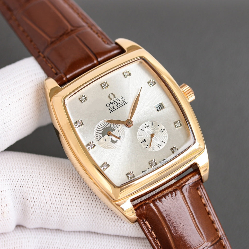 Gold-tone rectangular wristwatch with white dial, brown leather strap, diamond hour markers