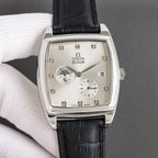 Rectangular dial wristwatch with black leather strap, silver-tone case, diamond hour markers