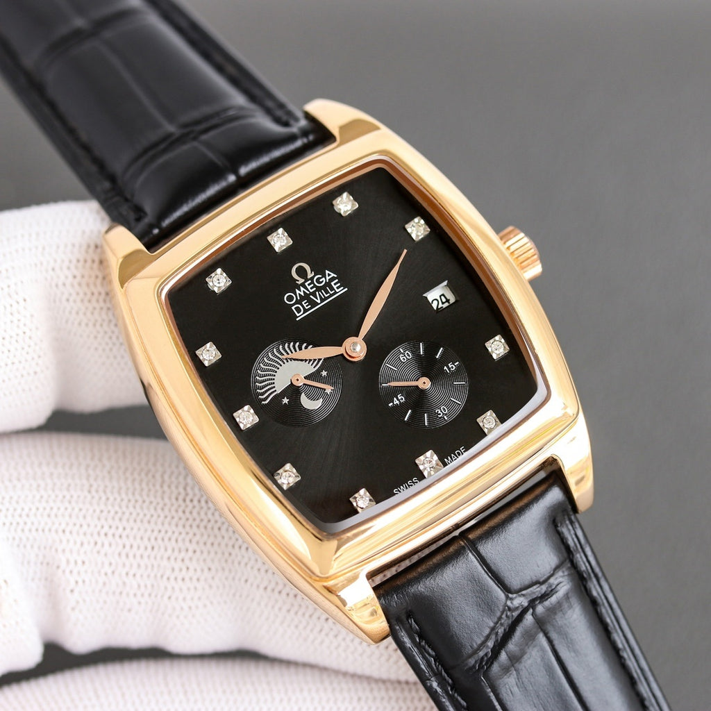 Rectangular wristwatch with black dial, black leather strap, gold-tone case, diamond markers