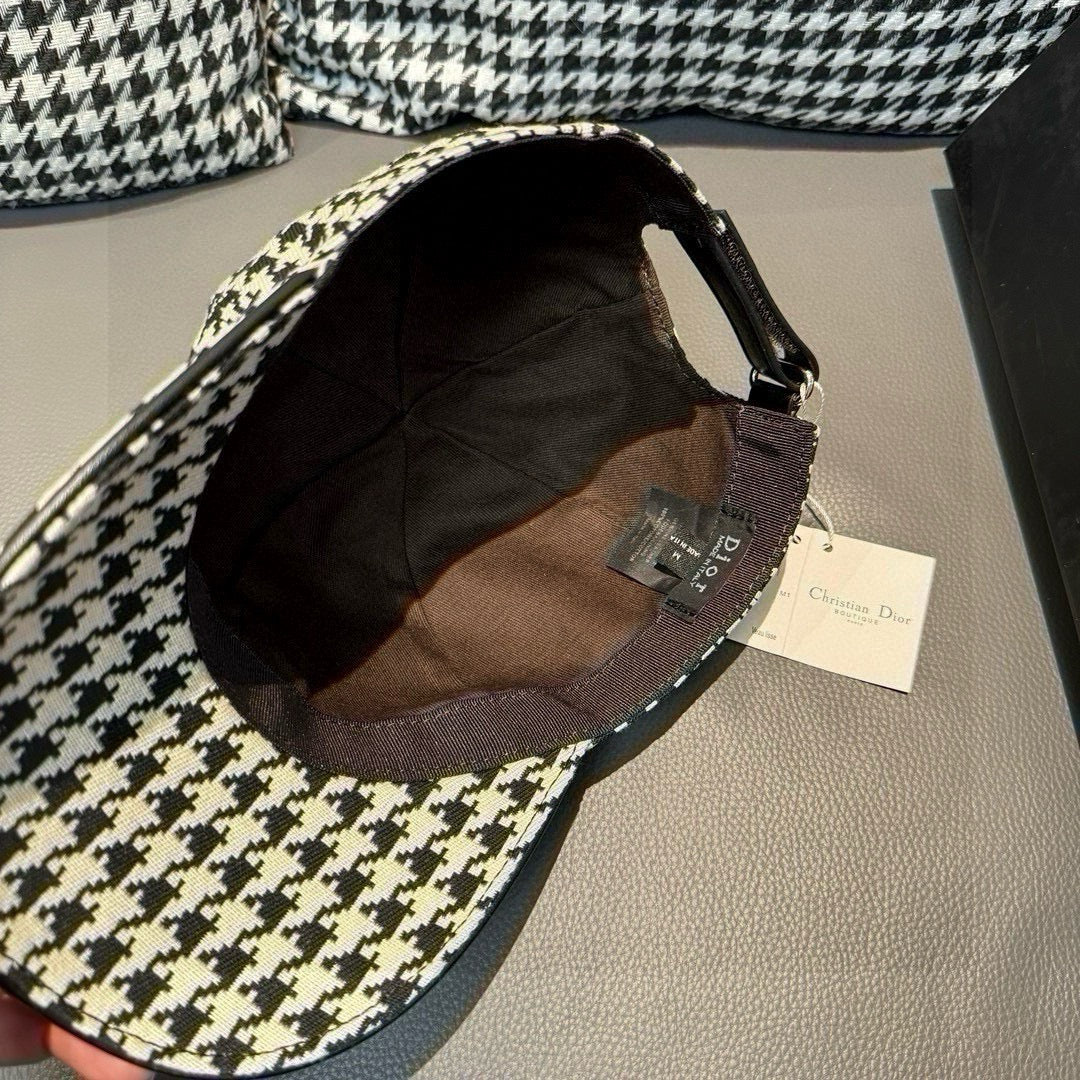 Houndstooth cap interior with adjustable strap and buckle