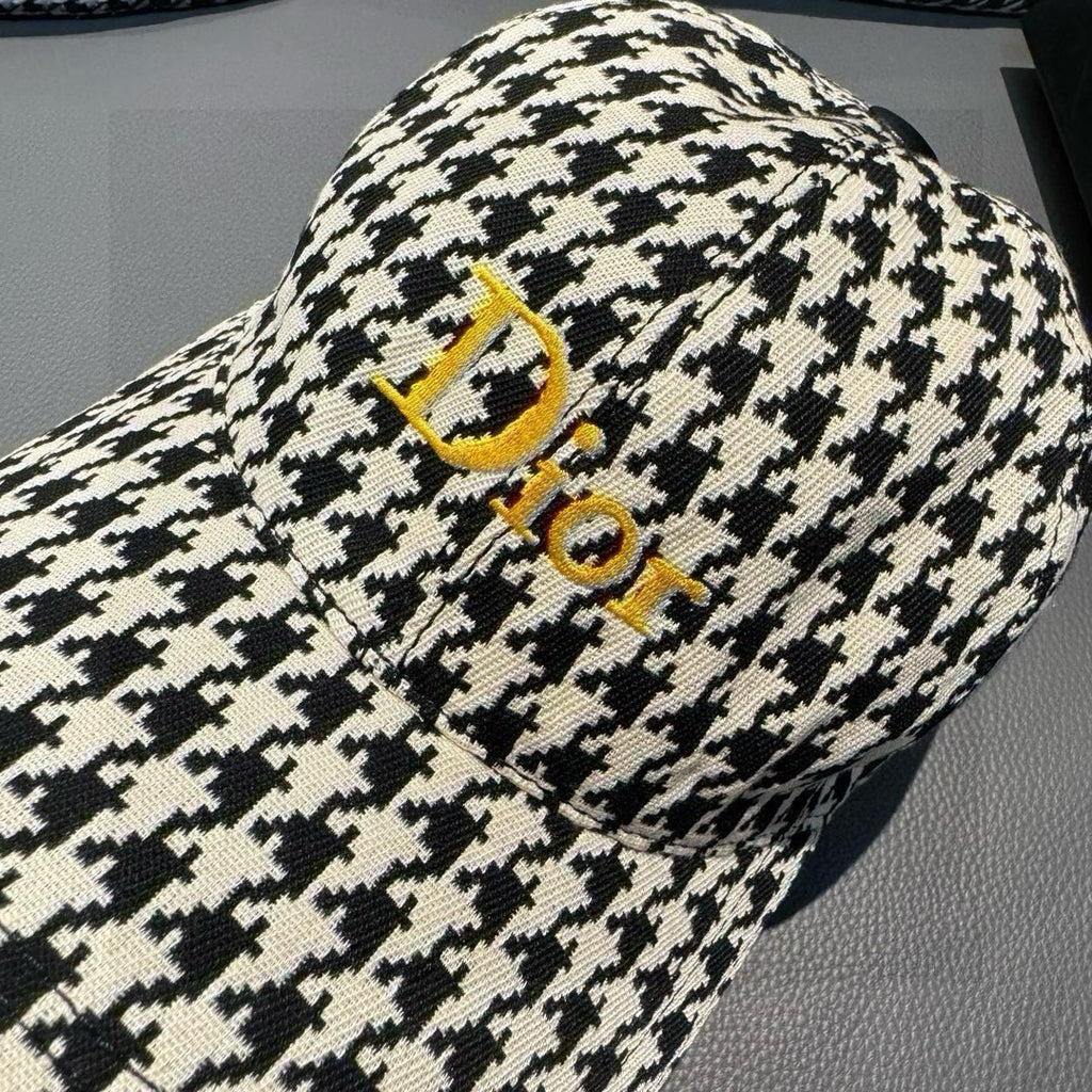 Houndstooth cap with embroidered Dior logo patch in yellow and gold thread