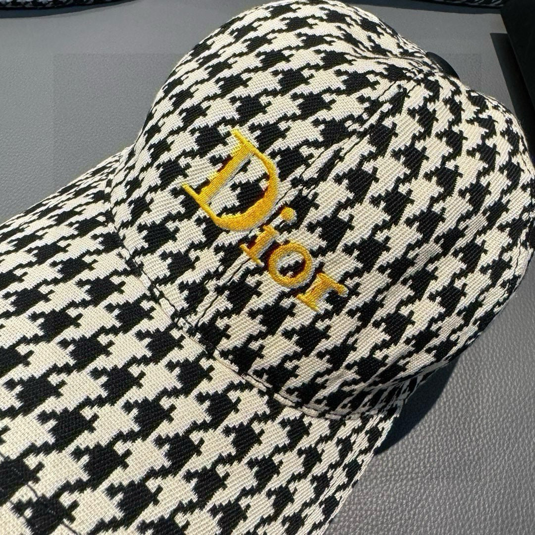 Houndstooth cap with embroidered Dior logo patch in yellow and gold thread